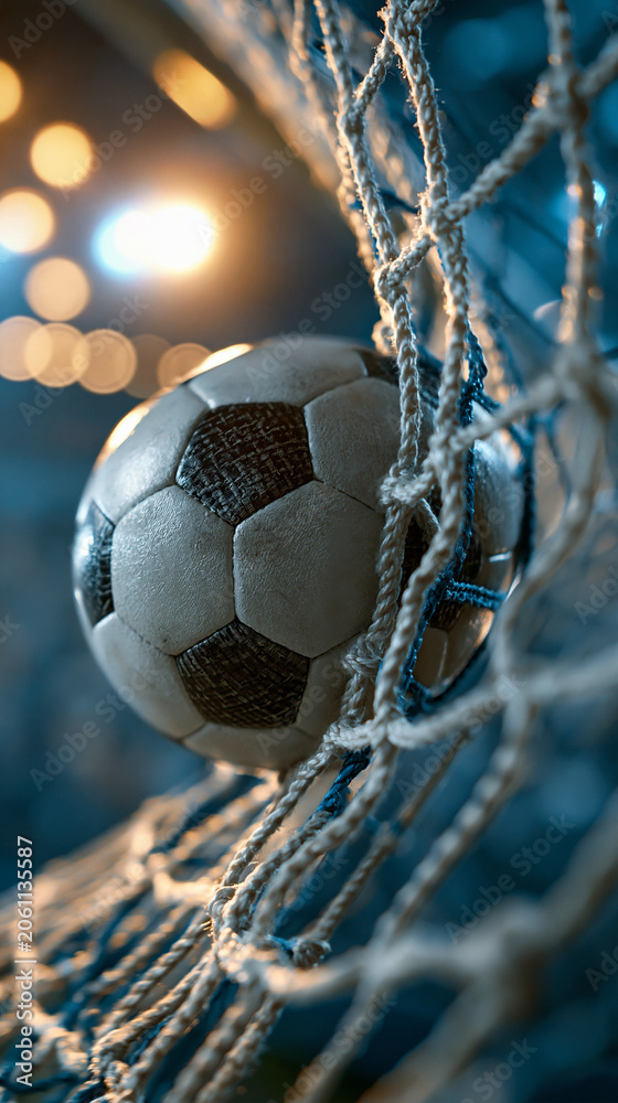 Naklejka premium Soccer Goal Net: A soccer ball is caught in the net after scoring a goal. The image evokes the excitement and triumph of the game.