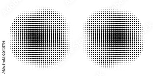 Set of halftone dots gradient pattern texture isolated on white background. Straight dotted spots using halftone circle dot raster texture.