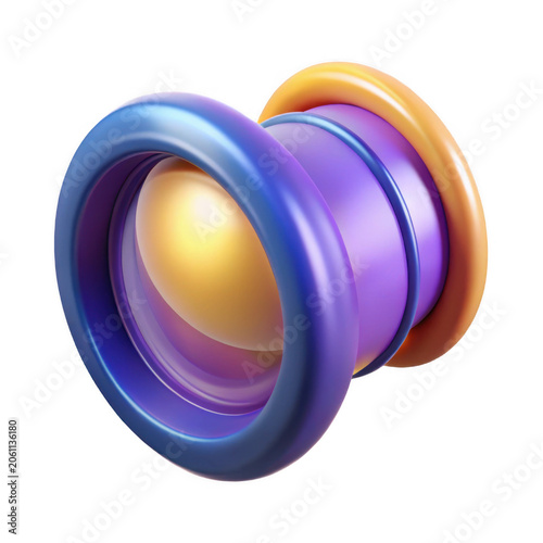 Abstract 3D rendered camera lens icon with soft golden light and vibrant purple and blue rings isolated on transparent background