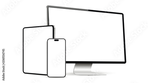 Desktop computer, tablet pc and mobile phone screen mockup. Digital device elements isolated on white background.
