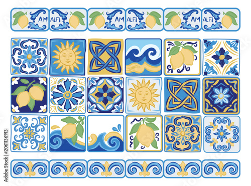 Ornamental frames collection with traditional Amalfi tile pattern. Mediterranean ceramic set. decorative Ornamental ceramic set Modern illustration summer vacation doodle whimsical coastal Vintage