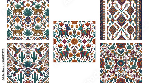 Mexican Oaxaca textile pattern set featuring traditional folk art illustrations of jaguars hummingbirds cacti and alebrijes in vibrant ethnic embroidery style