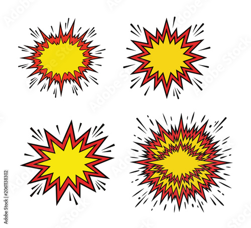 Dynamic vector set of vibrant comic book style explosion and blast bursts, energetic graphic elements for visual impact and exciting flair in diverse design projects