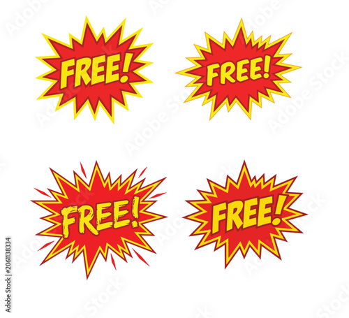 Vibrant collection of explosive 'FREE' sale burst stickers, ideal for promotional marketing campaigns and discount offers