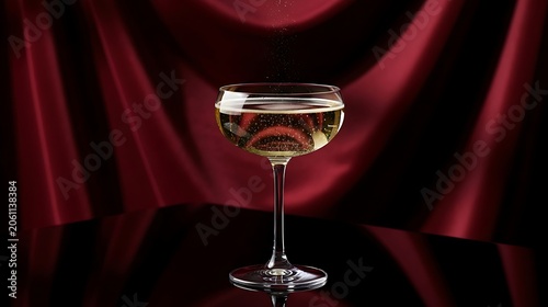 A single elegant champagne coupe glass filled with sparkling wine, positioned centrally against a rich, draped deep red velvet curtain background