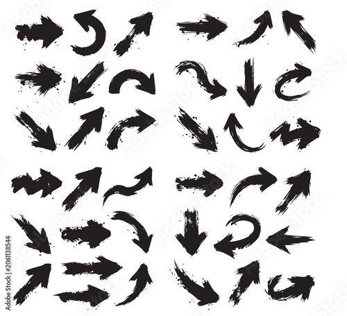 Artistic collection of hand-drawn grunge arrows, featuring rough brushstroke textures and diverse directional pointers, ideal for creative graphic design elements