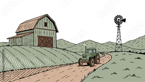 Canvas-taulu A hand drawn illustration depicts a rustic farm scene including a barn, tractor, hay bales, and silo