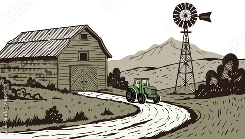 Valokuva A hand drawn illustration depicts a rustic farm scene including a barn, tractor, hay bales, and silo