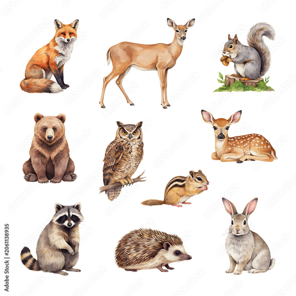 Naklejka premium Woodland animals including a bear, owl, raccoon, and hedgehog are featured in this detailed collection of forest inhabitants.