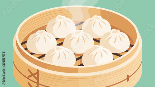 Foto Delicious Chinese steamed dumplings baozi served in a traditional wooden bamboo