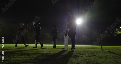 Diverse cricket teammates celebrating at stumps hugging batsman adjusting bat grip, walking