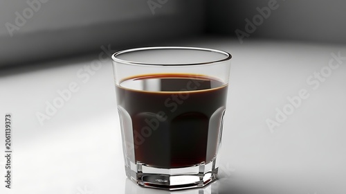 A glass of black coffee on a white surface