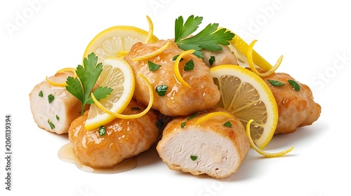 Delicious lemon chicken bites with fresh parsley and lemon slices isolated on white background