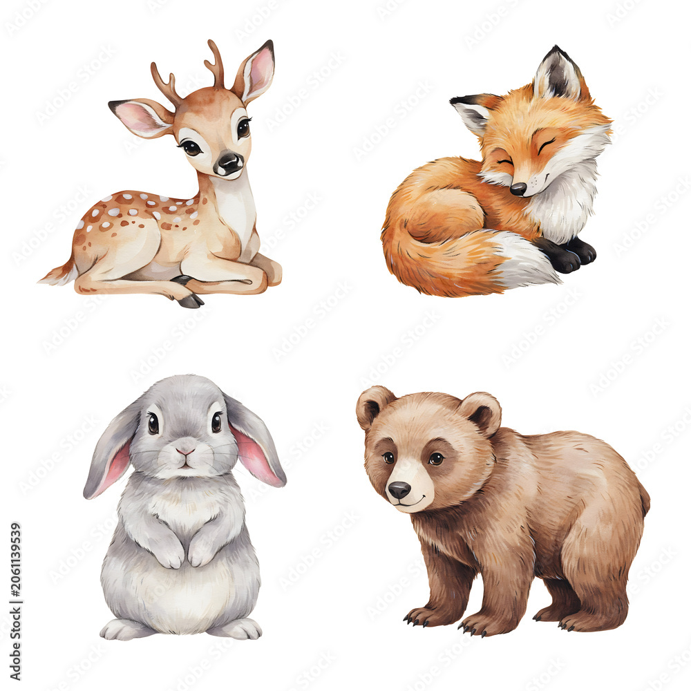 Fototapeta premium Woodland creatures collection featuring a baby deer, sleeping fox, fluffy rabbit, and small bear cub are displayed as individual illustrations on a plain white surface.