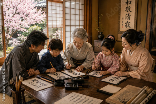 Family Learning Together – Japanese Family Practicing Traditional Calligraphy
