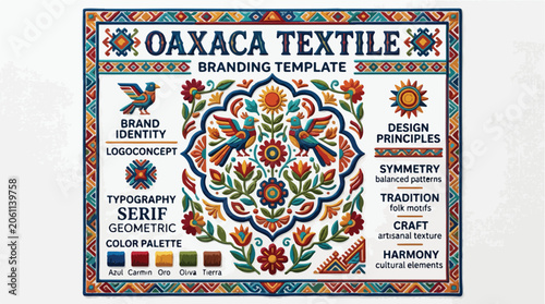 Traditional Oaxaca textile branding template with Mexican folk art patterns featuring birds flowers and geometric embroidery motifs for cultural design identity