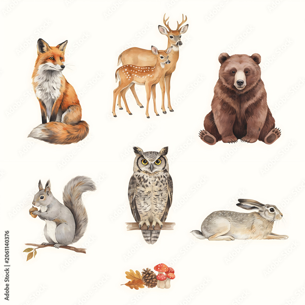 Fototapeta premium Forest animals including a fox, deer, bear, squirrel, owl, and rabbit are arranged on a white background.