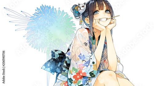 夏祭り、水彩画、女の子、可愛い、イラスト、