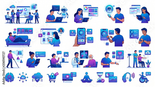 Human-Centered AI Ecosystem Vector Illustration Set – People Collaborating with Intelligent Assistants in Futuristic Digital Workflow Systems