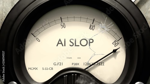 Ai slop meter showing big levels of ai slop. Dangerously increasing high values of ai slop, critical overload. Too much, off the charts. Max ai slop