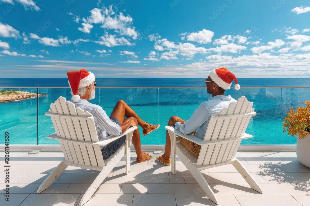 Fototapeta premium Two men wearing Santa hats relax on a balcony overlooking a turquoise ocean on vacation