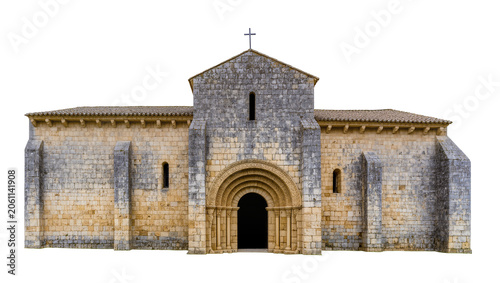 Foto Romanesque stone church with arched entrance and cross