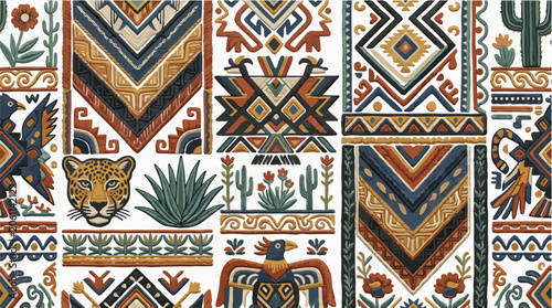Seamless Mexican Oaxaca textile pattern with traditional folk art motifs including jaguar eagle cactus and geometric tribal designs in earthy rustic colors