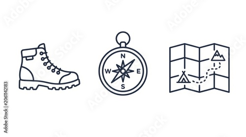 Adventure awaits with hiking boots, compass, and map for exploration