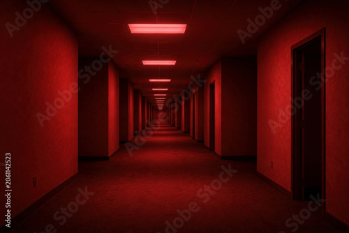 Empty Creepy Red Corridor Based on the Backrooms Internet Concept, Ominous Dimly Lit Liminal Space, Scary Infinite Office Hallway