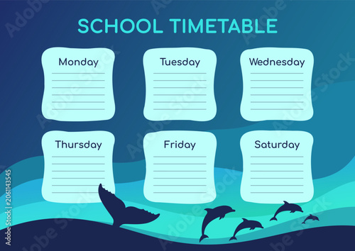 Weekly education schedule template with underwater ocean background for kids. Vector illustration includes daily planners decorated with dolphin silhouettes and whale tail.