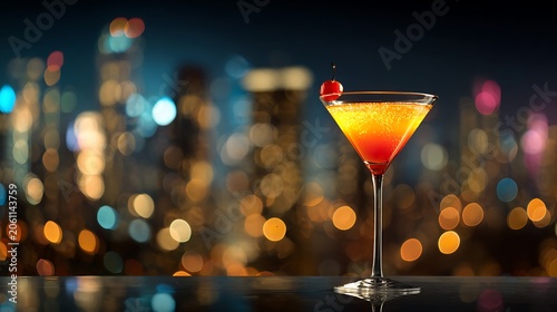 Vibrant orange cocktail with a cherry garnish against a blurred city lights background.