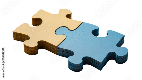 Fotografie Two stacks of interlocking puzzle pieces one beige, one blue