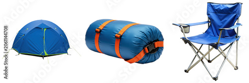 Foto Blue camping tent, rolled sleeping bag with orange straps, and a blue folding ch