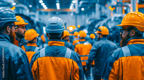 A group of workers wearing protective helmets and bright work jackets in an industrial workshop — an industrial shot about teamwork, safety, and the production process.