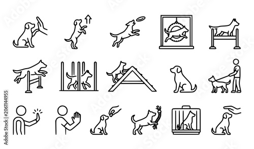 Dog Training and Pet Care Icons Collection with Commands Activities and Equipment
