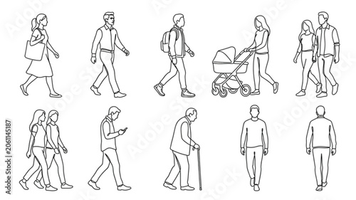 Architectural Walking People Set Continuous One Line Vector SVG Collection