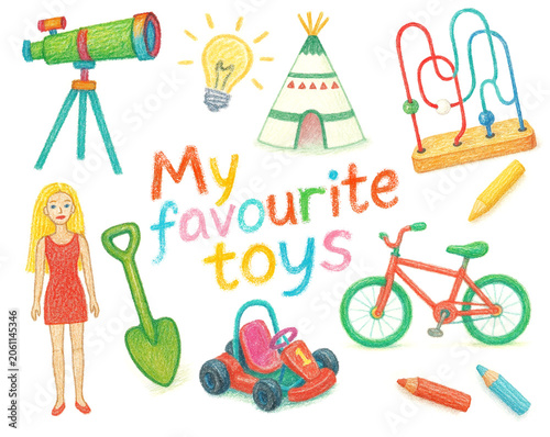 Children's games, childhood, toys, colored pencils, watercolor, hand drawing