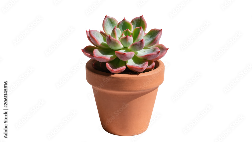 Obraz premium Green succulent plant with pink edges in a terracotta pot, isolated on transparent background