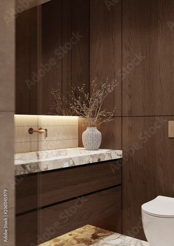 фотографія Luxury bathroom vanity with dark wood cabinetry and marble countertop lighting