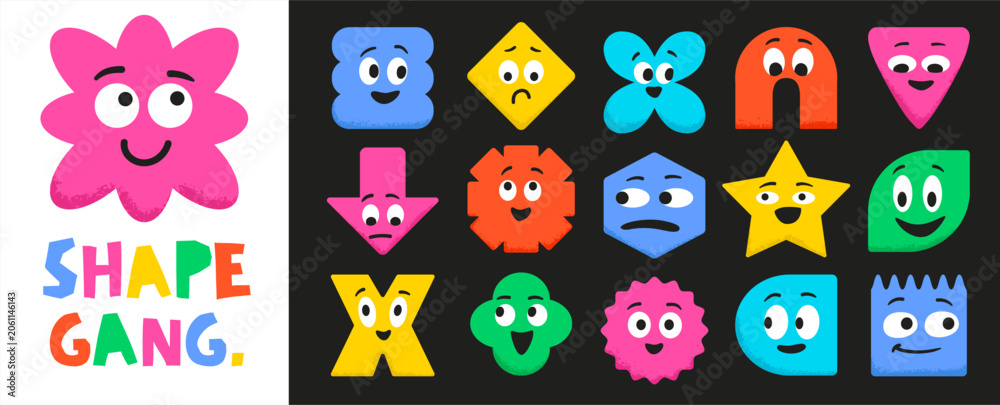 Obraz premium Cute geometric shapes with expressive faces and emotions. Colorful abstract figures featuring smiles, eyes, and playful characters for modern design projects.