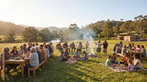 Indigenous Australian Community Gathering: Outdoor Feast, Music, and Celebration by River