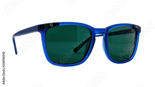 Blue framed sunglasses with dark green lenses, isolated on transparent background