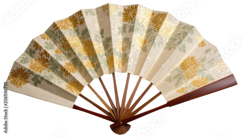Japanese floral paper fan with wooden ribs, isolated on transparent background