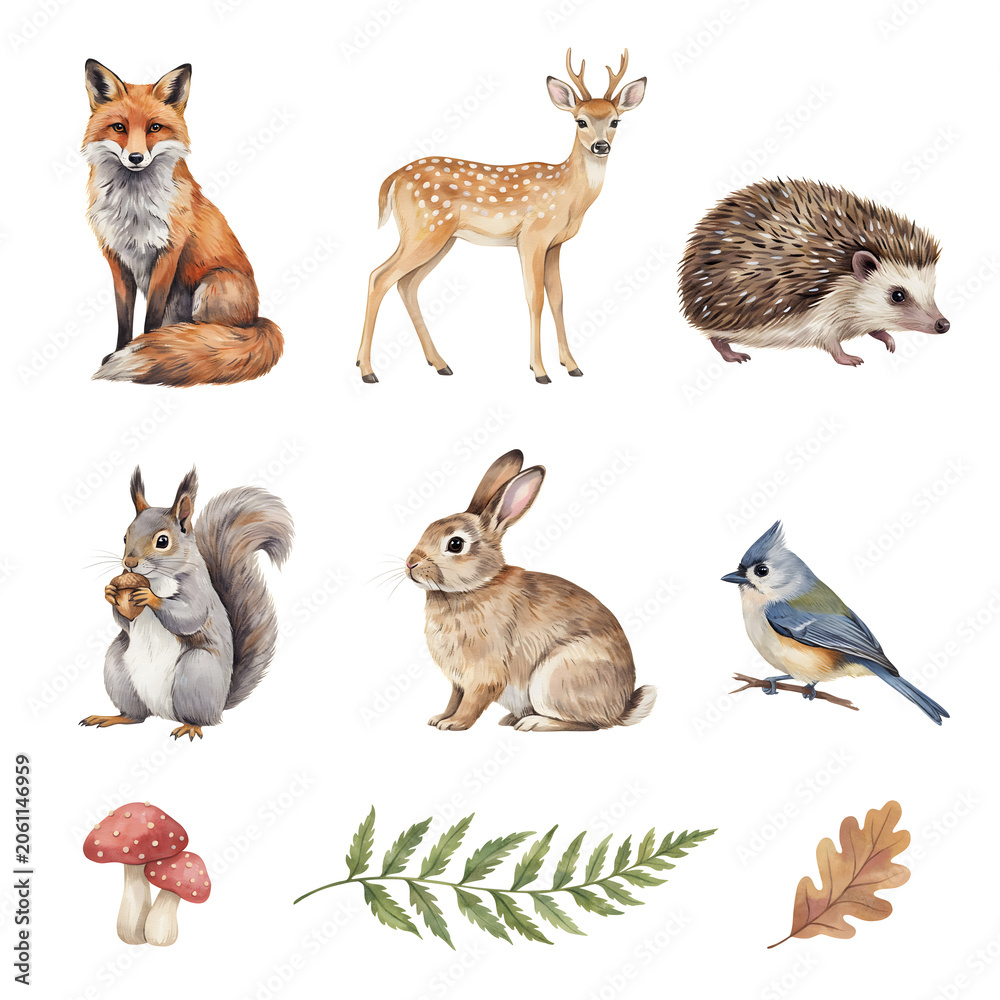 Fototapeta premium Wildlife species featuring a fox, deer, hedgehog, squirrel, rabbit, and bird are arranged in a clean watercolor illustration set.