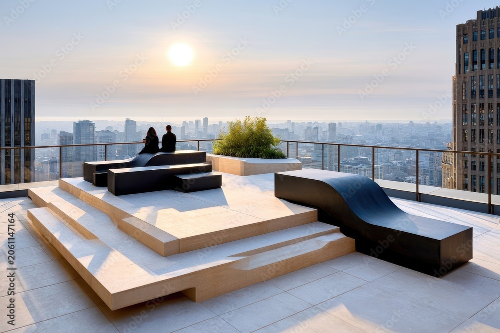 Fototapeta premium Rooftop observation deck with panoramic city skyline view at sunset and two silhouetted figures