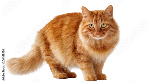 Fotografie Fluffy orange tabby cat with green eyes standing