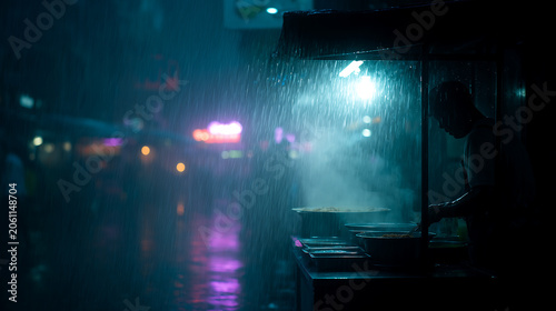 Tableau sur toile Street food vendor working in neon rain at night market
