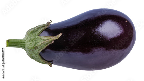 Dark purple eggplant with green stem and calyx