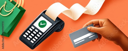 Contactless payment with credit card at point of sale terminal next to shopping bag and receipt