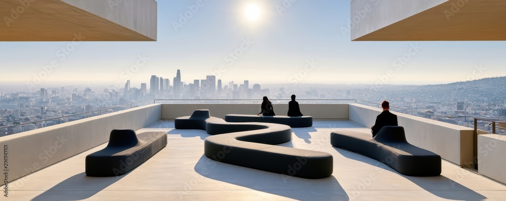 Obraz premium Three people on a modern rooftop terrace overlooking a sprawling city skyline at sunrise